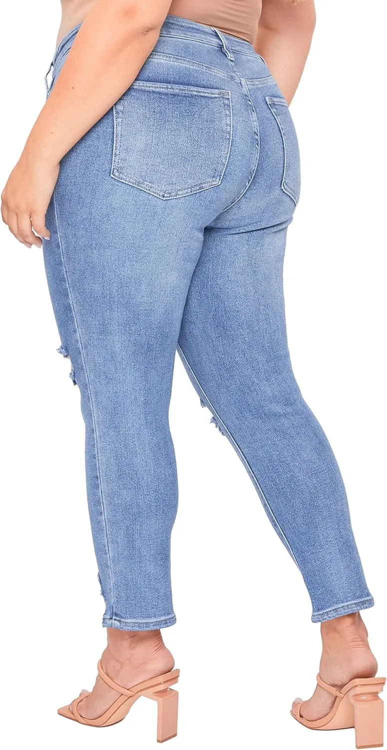 YMI Women's Junior Plus Size Slim Straight Ankle Jean with Hem Destruction