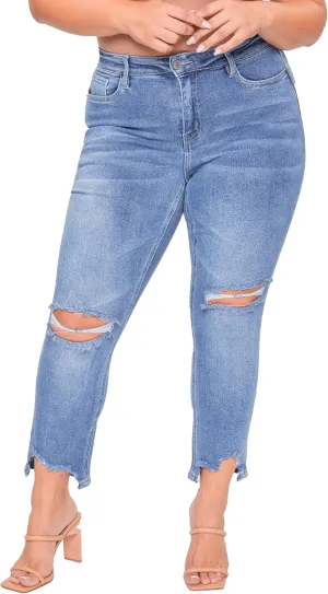 YMI Women's Junior Plus Size Slim Straight Ankle Jean with Hem Destruction