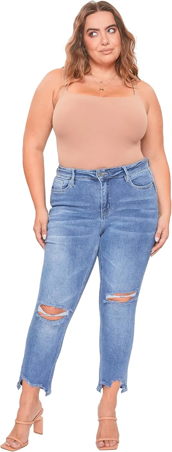 YMI Women's Junior Plus Size Slim Straight Ankle Jean with Hem Destruction