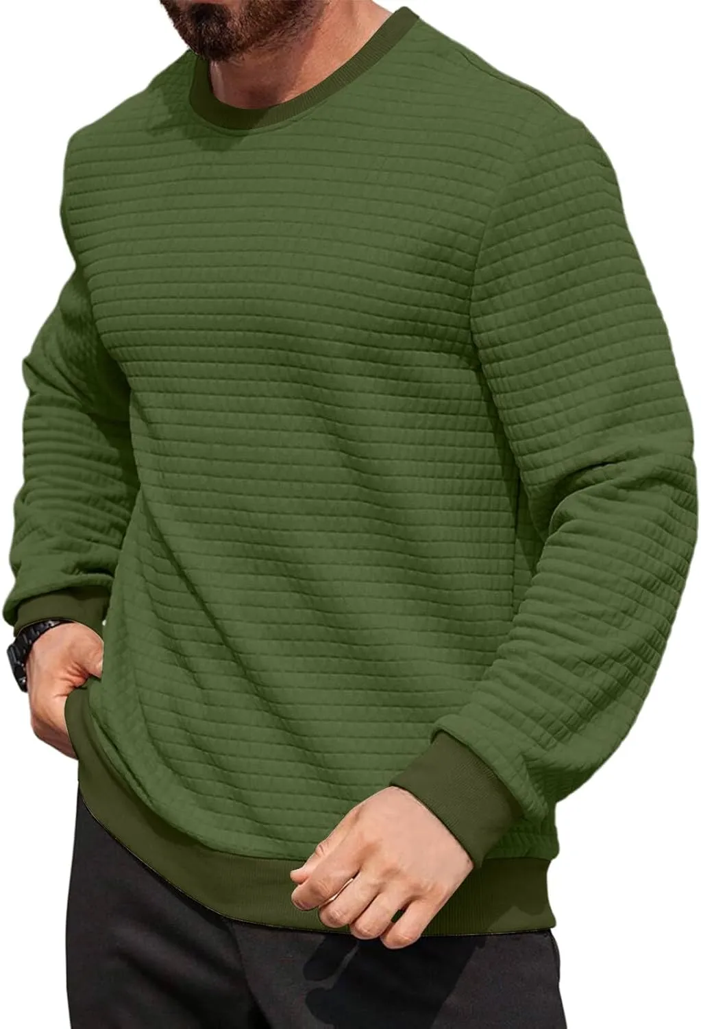 Ymosrh Mens Athletic Sweatshirts Pullover Plaid Jacquard Long Sleeve Solid Color Casual Workout Sweat Shirts