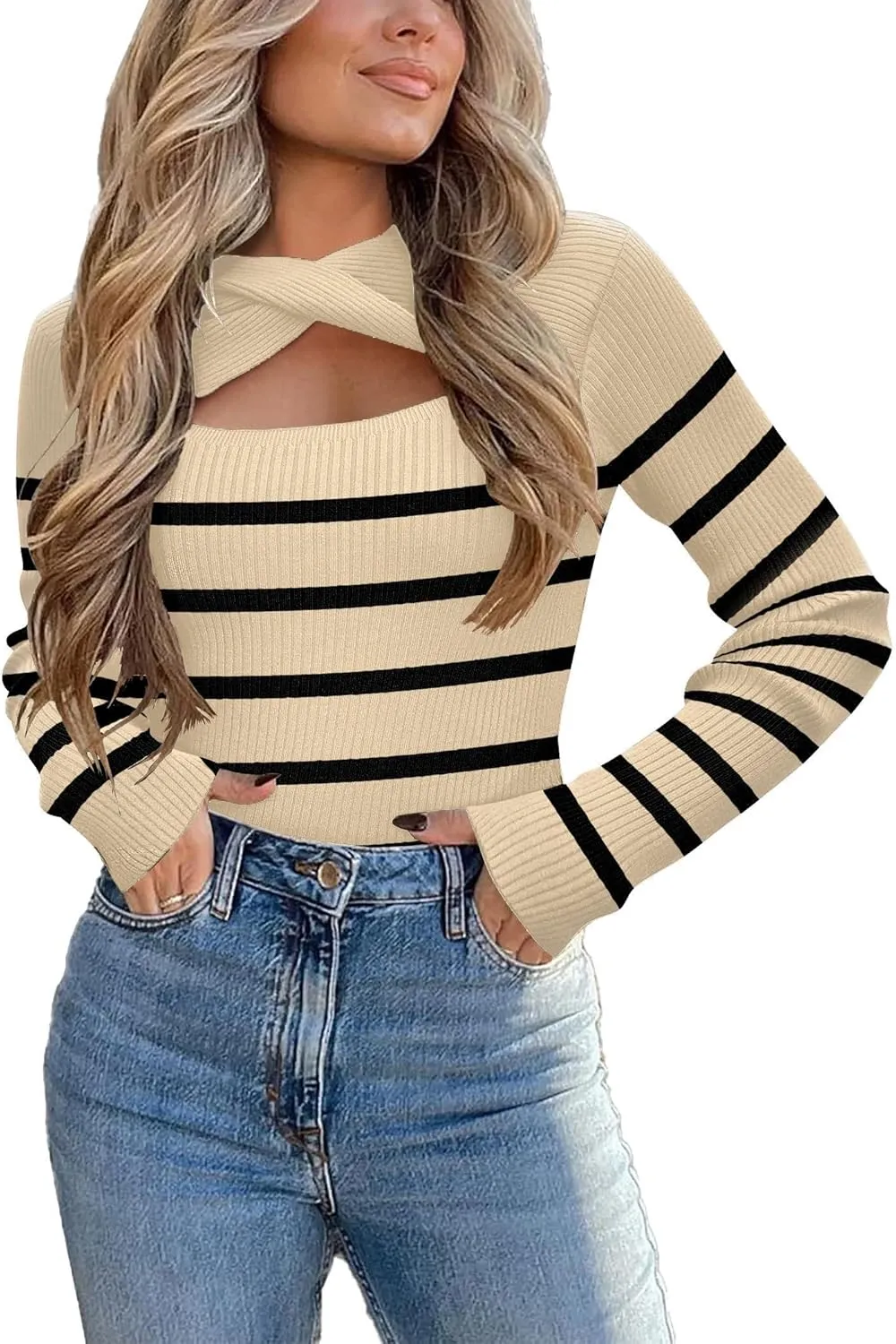 Zeagoo Sweaters for Women 2024 Knit Trendy Long Sleeve Lightweight Slim Fit Pullover Cutout Tops S-XXL