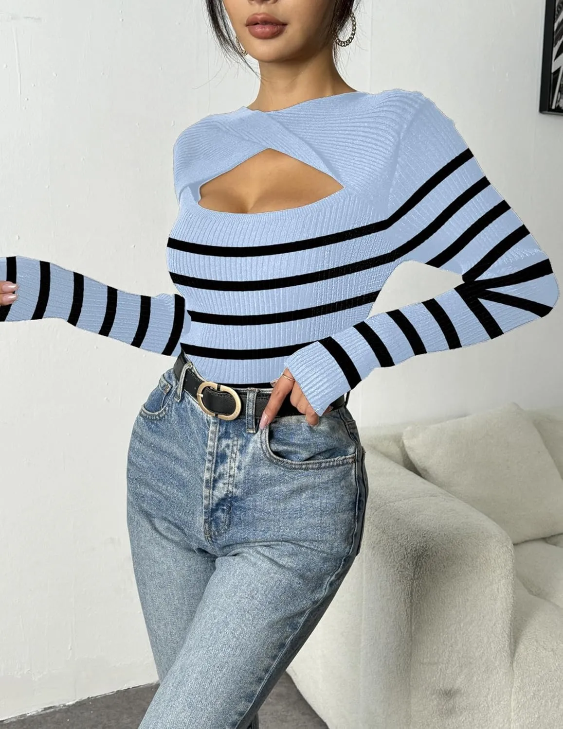 Zeagoo Sweaters for Women 2024 Knit Trendy Long Sleeve Lightweight Slim Fit Pullover Cutout Tops S-XXL