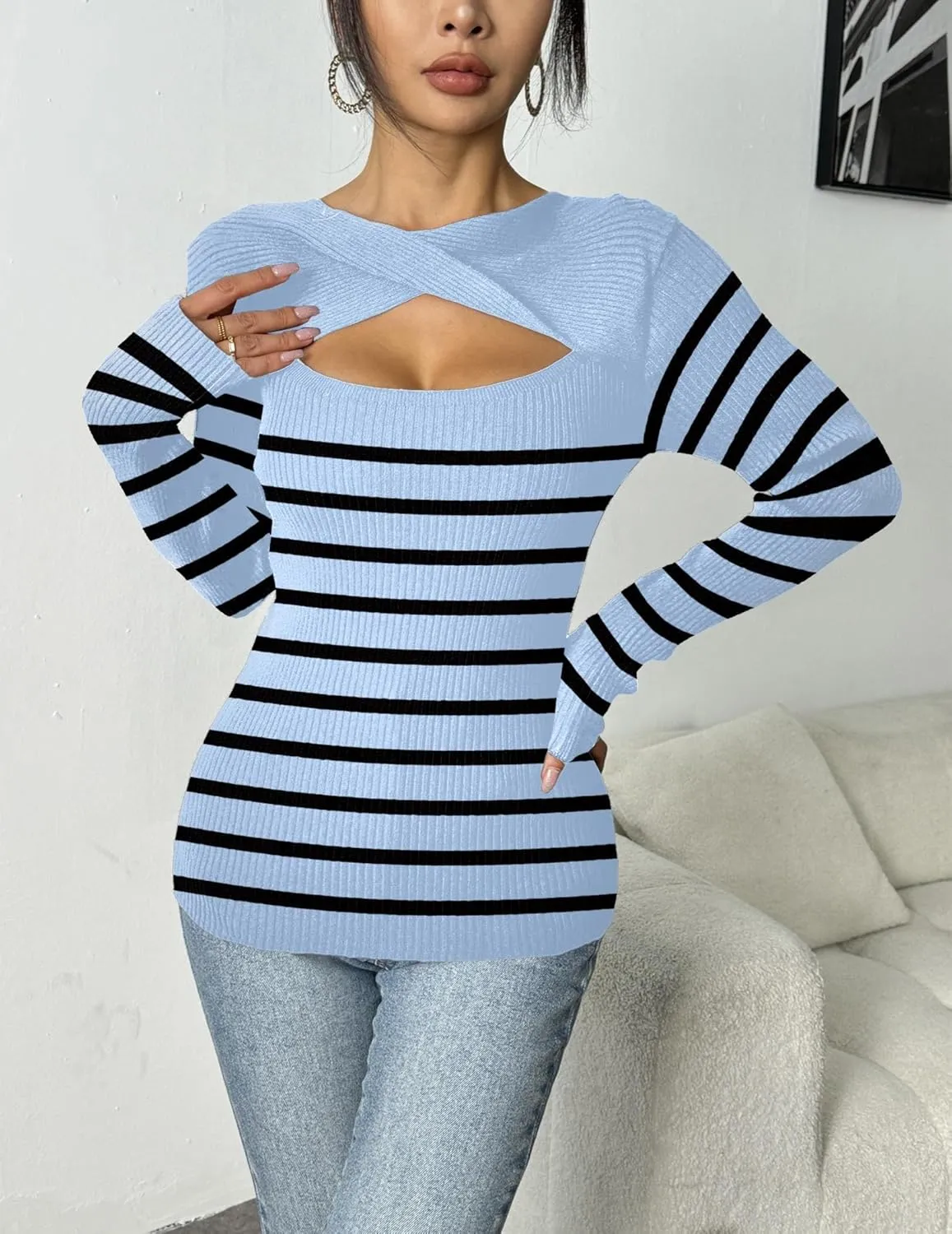 Zeagoo Sweaters for Women 2024 Knit Trendy Long Sleeve Lightweight Slim Fit Pullover Cutout Tops S-XXL