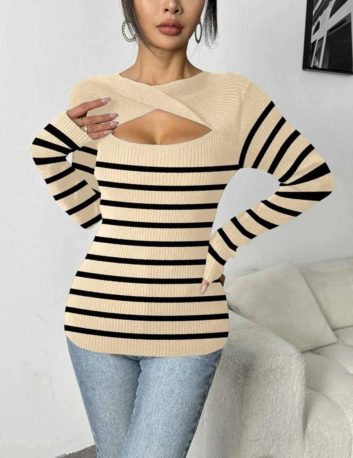 Zeagoo Sweaters for Women 2024 Knit Trendy Long Sleeve Lightweight Slim Fit Pullover Cutout Tops S-XXL