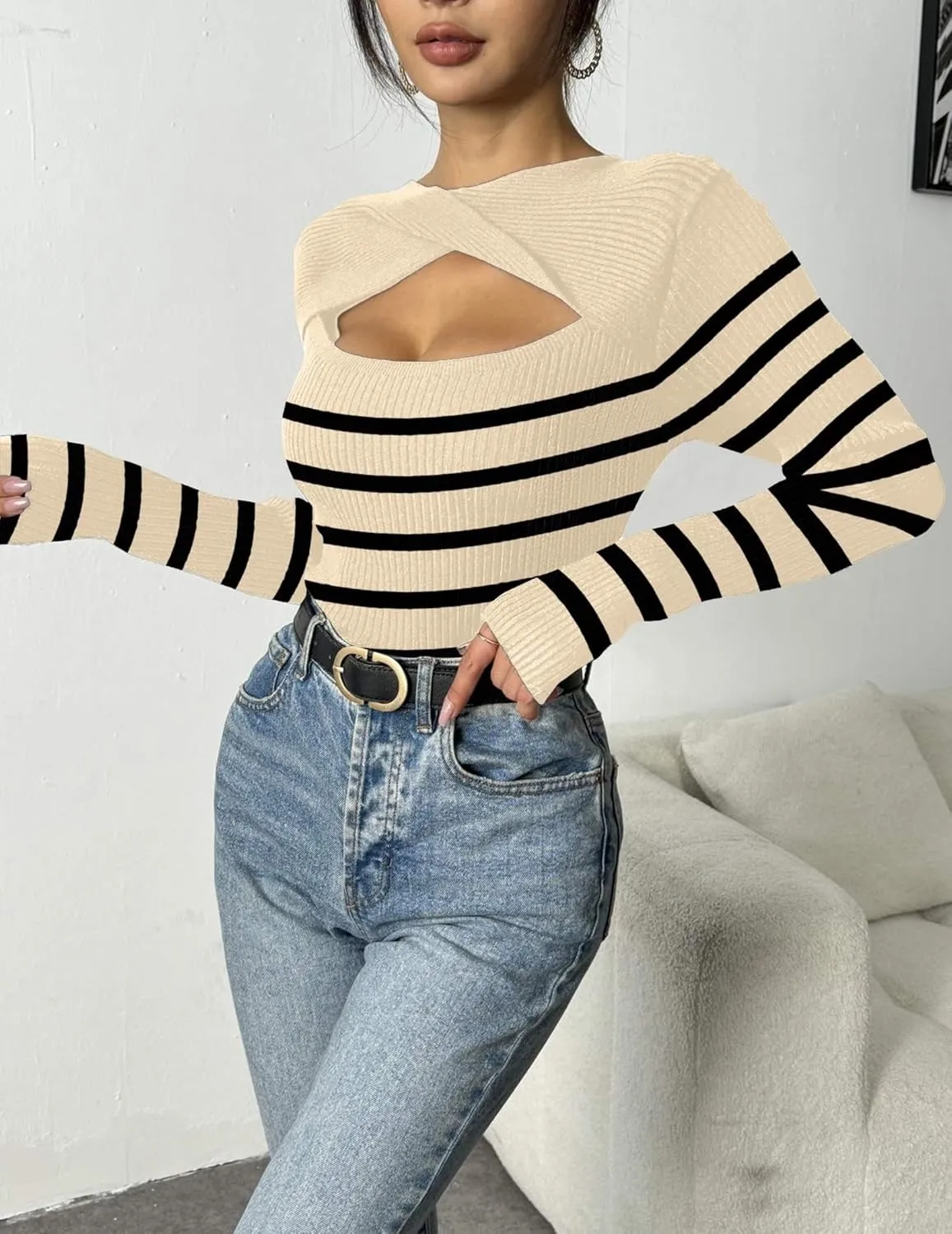 Zeagoo Sweaters for Women 2024 Knit Trendy Long Sleeve Lightweight Slim Fit Pullover Cutout Tops S-XXL