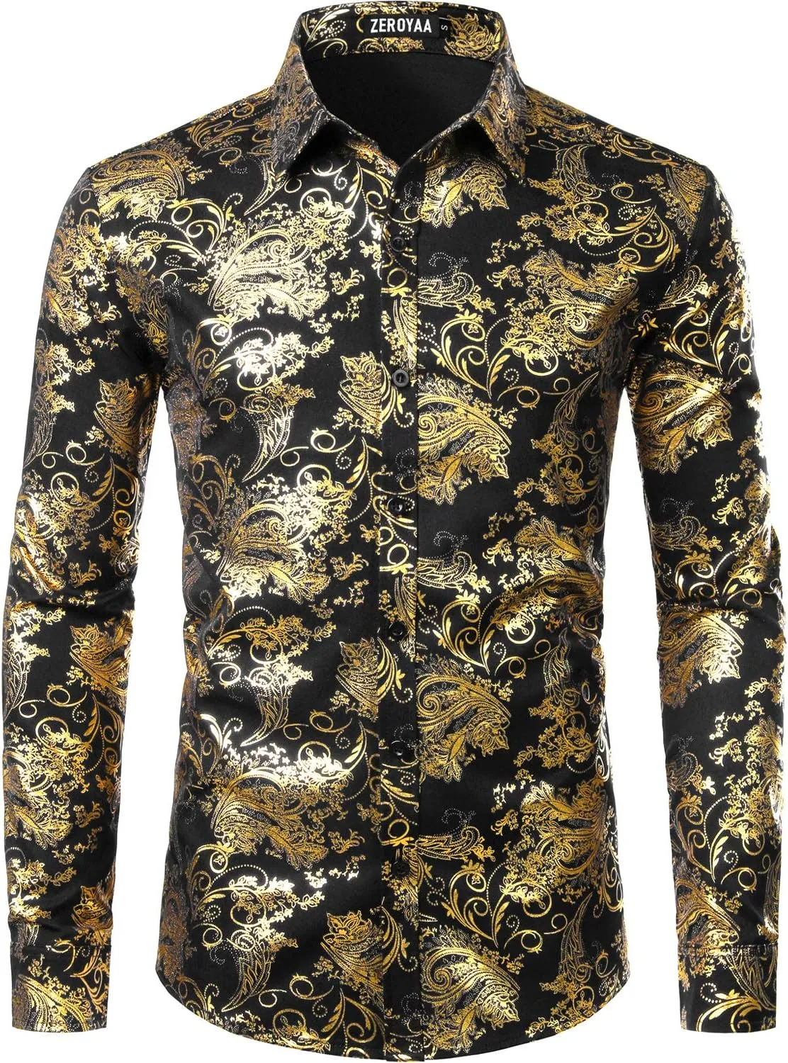 ZEROYAA Men's Luxury Paisley Dress Shirt Shiny Floral Printed Button Down Shirts for Party Prom