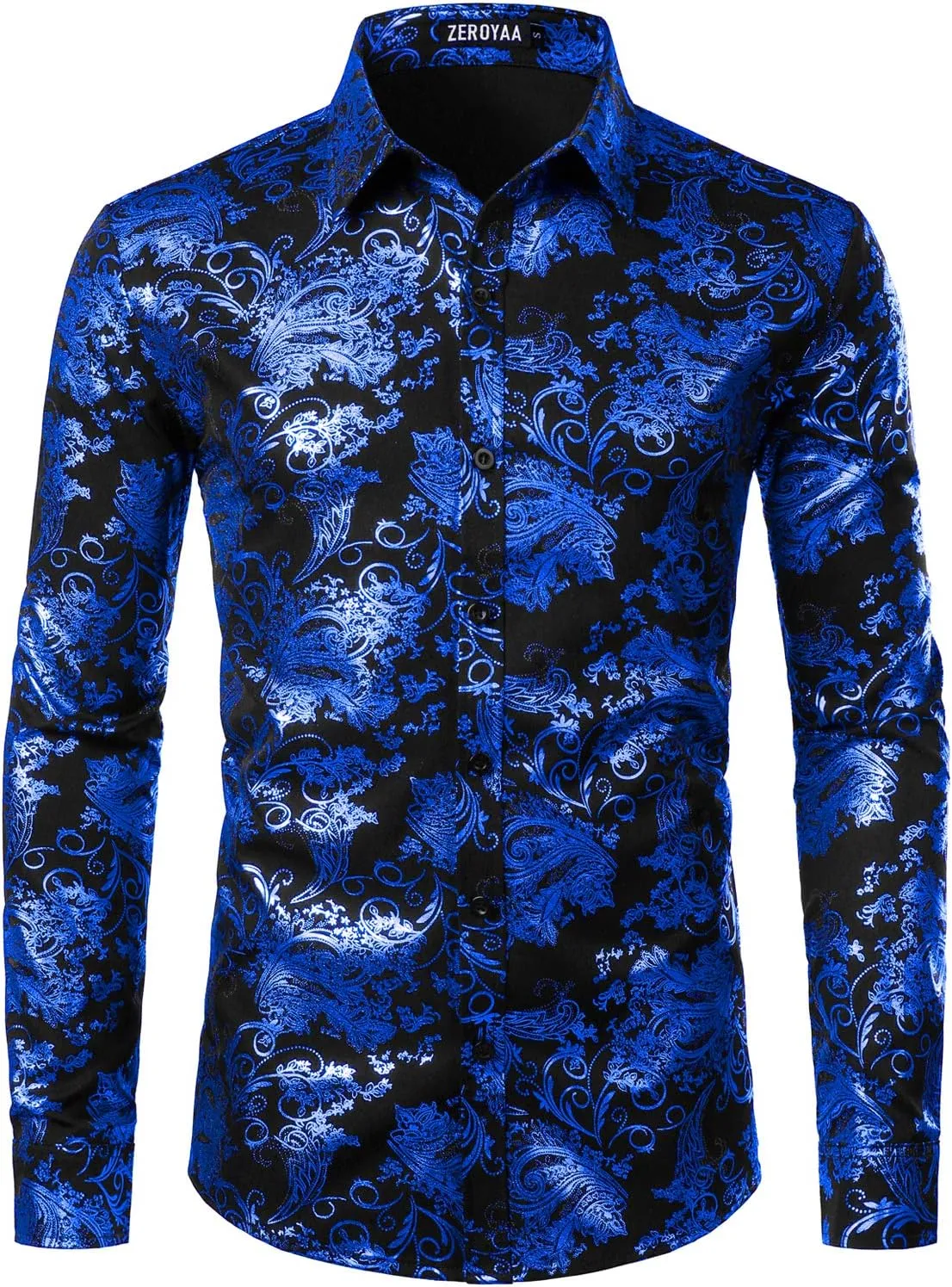 ZEROYAA Men's Luxury Paisley Dress Shirt Shiny Floral Printed Button Down Shirts for Party Prom