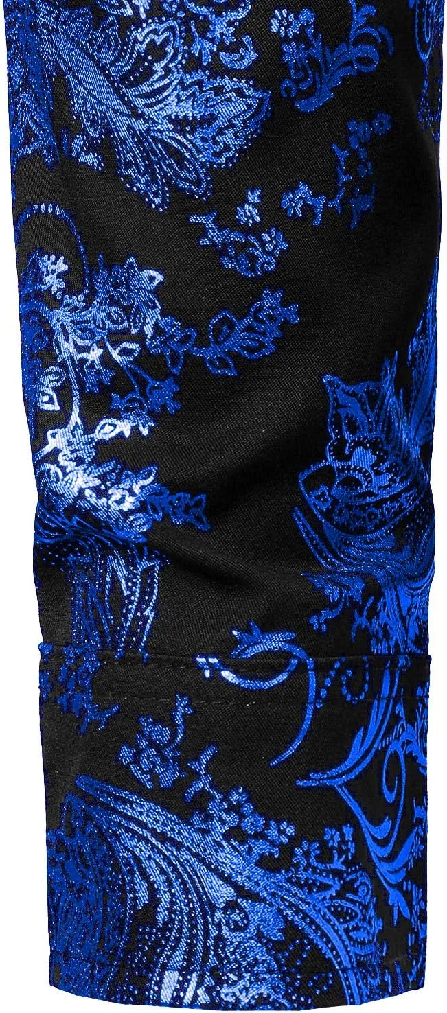ZEROYAA Men's Luxury Paisley Dress Shirt Shiny Floral Printed Button Down Shirts for Party Prom