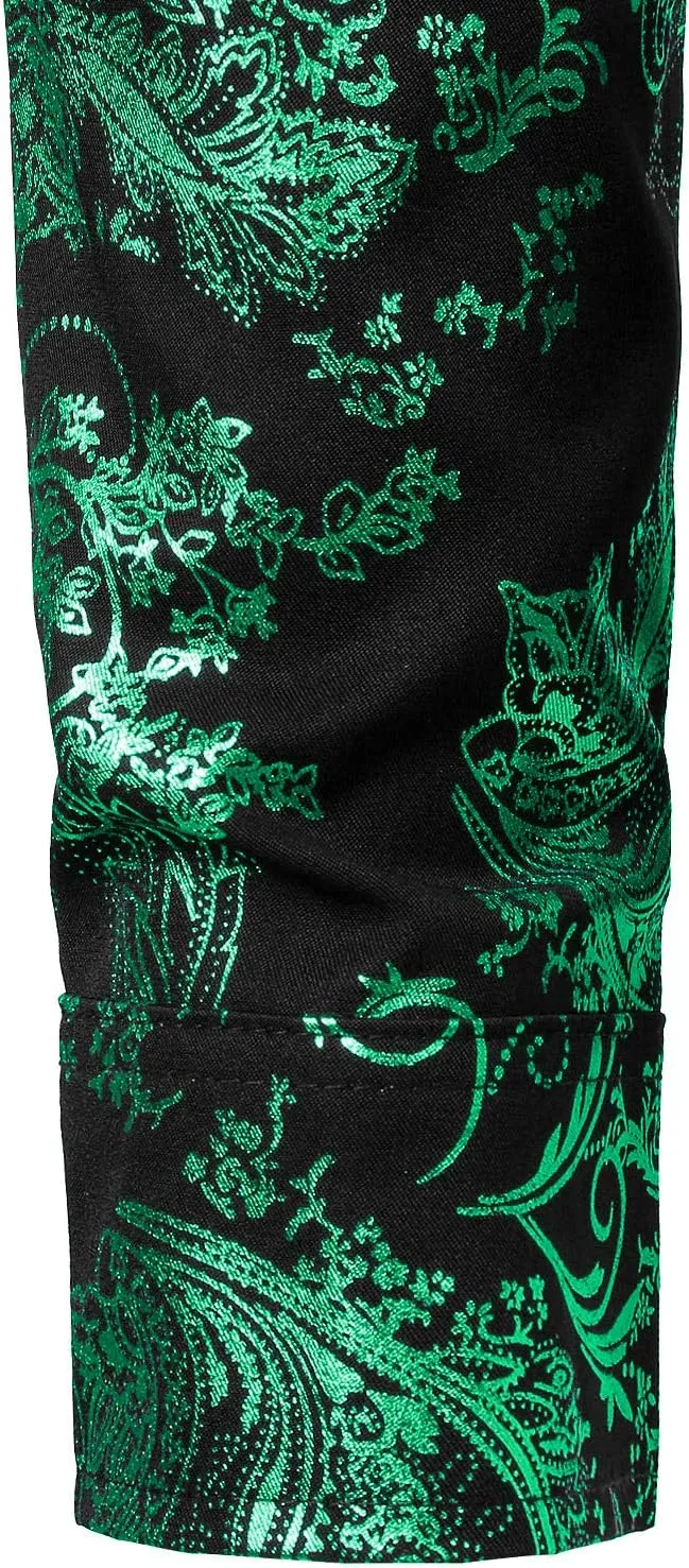 ZEROYAA Men's Luxury Paisley Dress Shirt Shiny Floral Printed Button Down Shirts for Party Prom