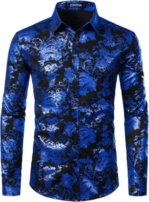 ZEROYAA Men's Luxury Paisley Dress Shirt Shiny Floral Printed Button Down Shirts for Party Prom