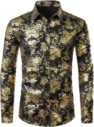 ZEROYAA Men's Luxury Paisley Dress Shirt Shiny Floral Printed Button Down Shirts for Party Prom