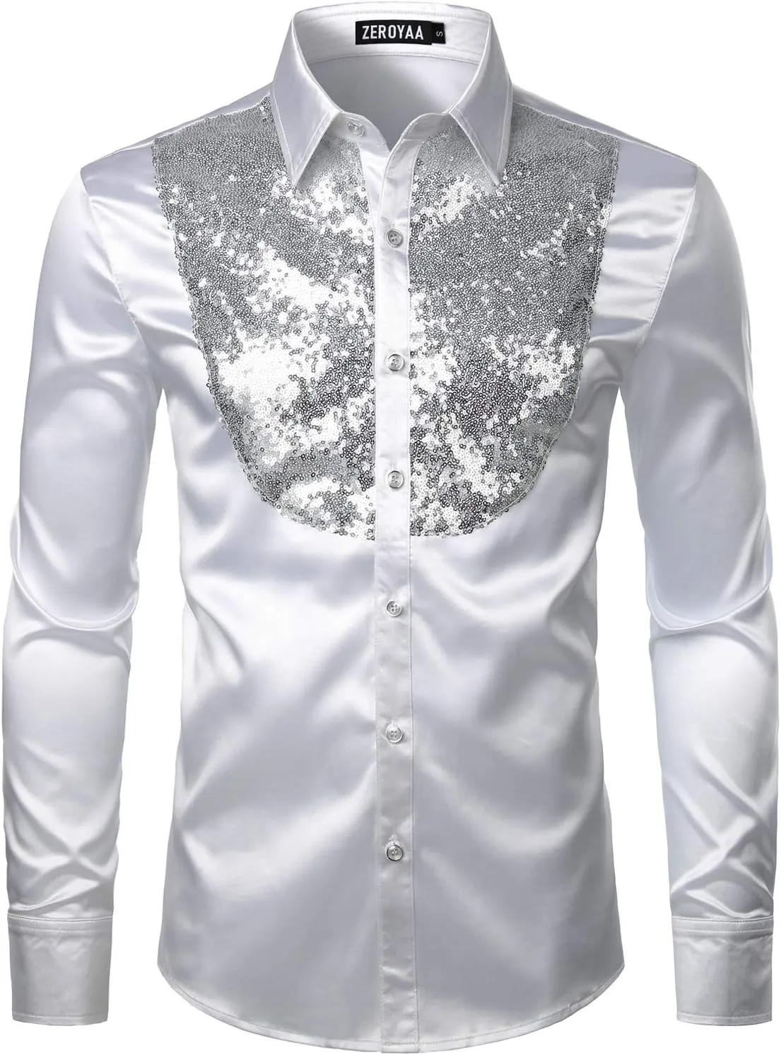 ZEROYAA Men's Shiny Sequins Design Silk Like Satin Button Up Disco Party Dress Shirts