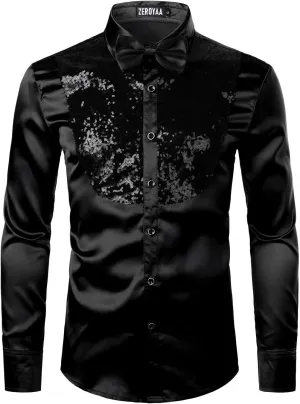 ZEROYAA Men's Shiny Sequins Design Silk Like Satin Button Up Disco Party Dress Shirts