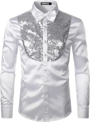 ZEROYAA Men's Shiny Sequins Design Silk Like Satin Button Up Disco Party Dress Shirts