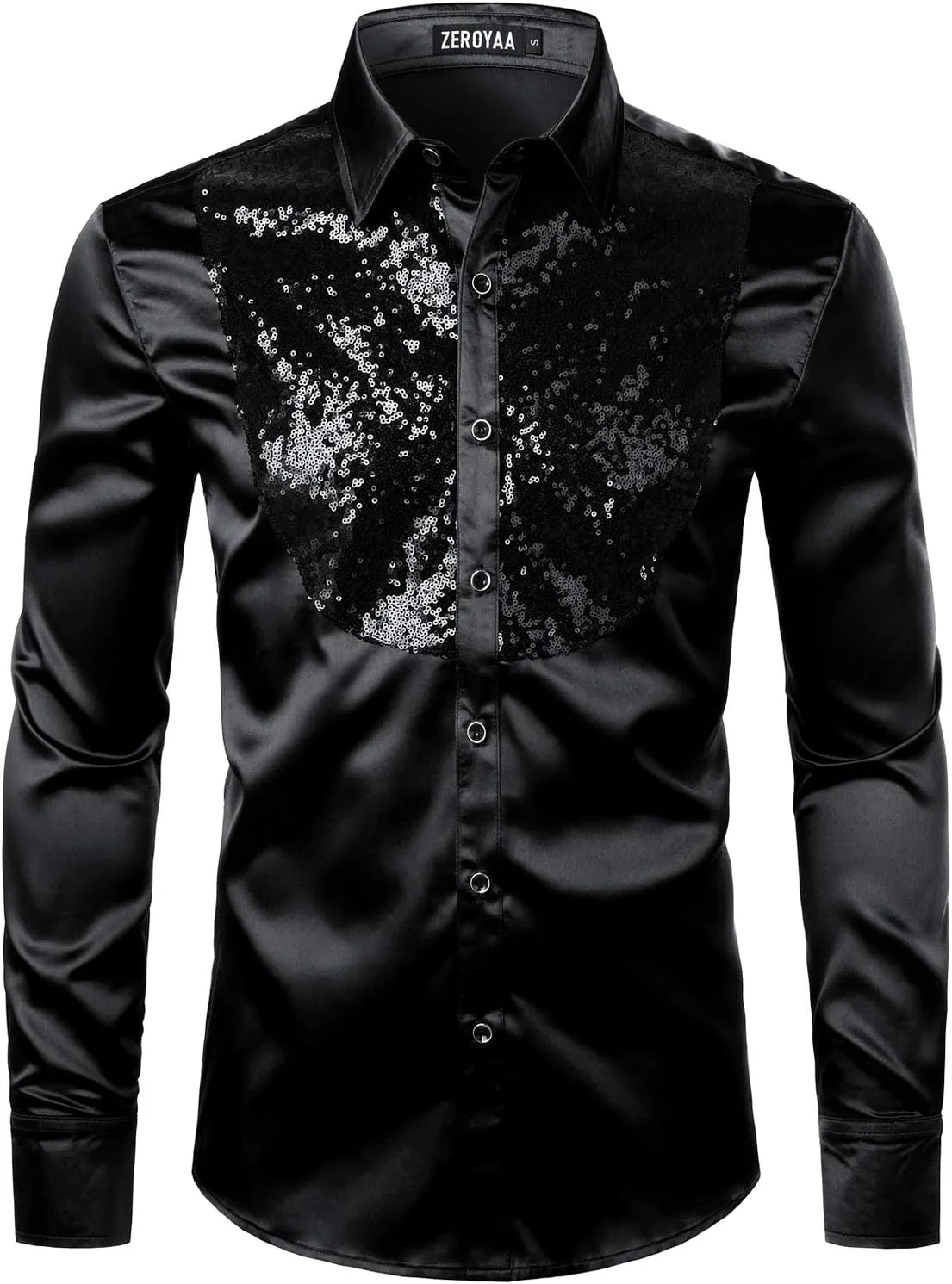 ZEROYAA Men's Shiny Sequins Design Silk Like Satin Button Up Disco Party Dress Shirts