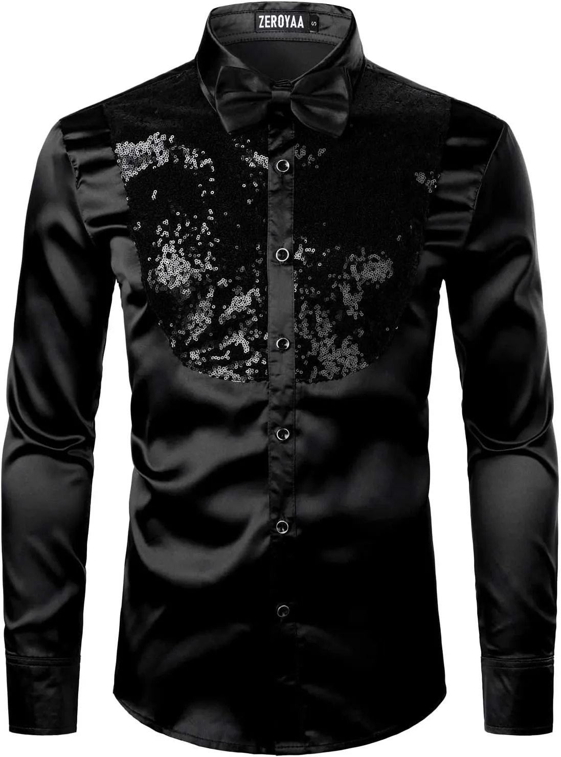 ZEROYAA Men's Shiny Sequins Design Silk Like Satin Button Up Disco Party Dress Shirts