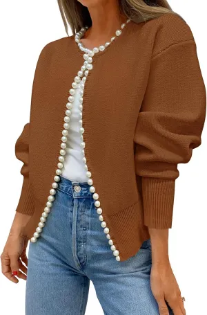 ZESICA Women's Open Front Cardigan Sweater Casual Knitted Long Sleeve Pearls Trim Outerwear Coat Trendy Clothes