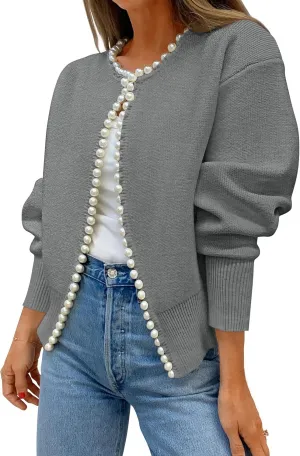 ZESICA Women's Open Front Cardigan Sweater Casual Knitted Long Sleeve Pearls Trim Outerwear Coat Trendy Clothes