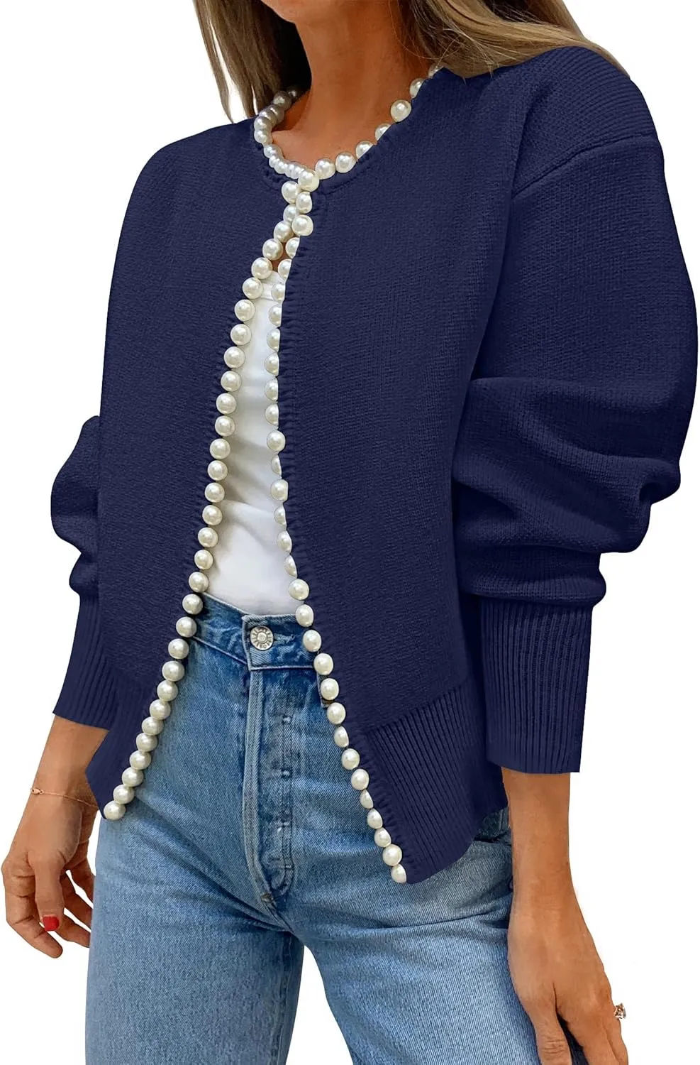 ZESICA Women's Open Front Cardigan Sweater Casual Knitted Long Sleeve Pearls Trim Outerwear Coat Trendy Clothes