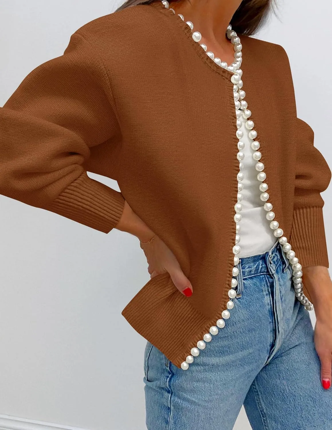 ZESICA Women's Open Front Cardigan Sweater Casual Knitted Long Sleeve Pearls Trim Outerwear Coat Trendy Clothes