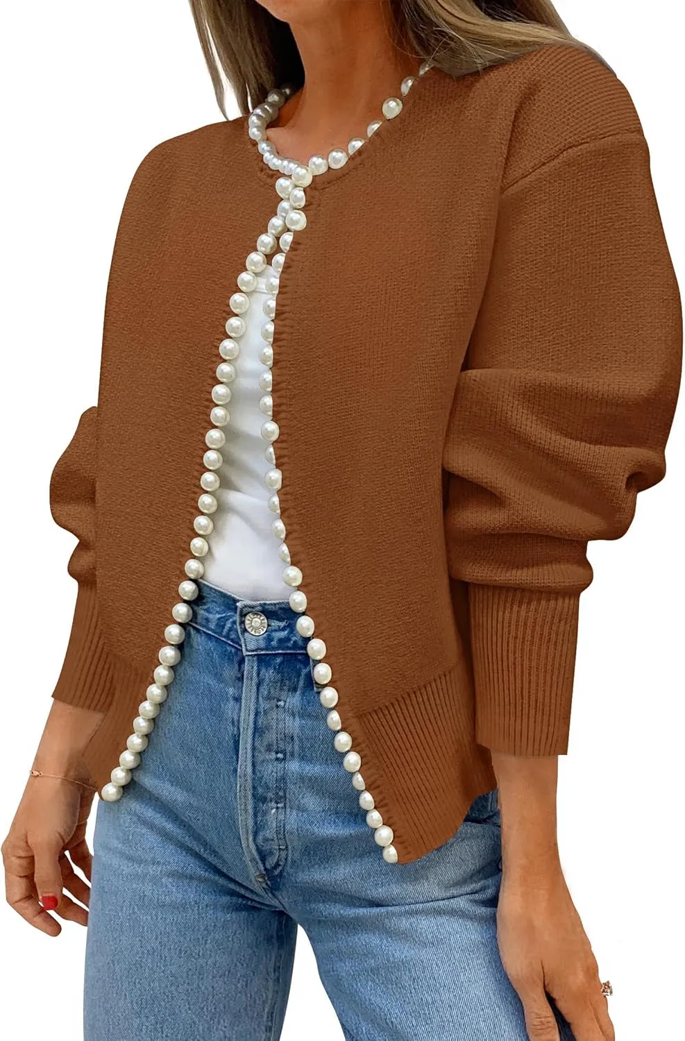 ZESICA Women's Open Front Cardigan Sweater Casual Knitted Long Sleeve Pearls Trim Outerwear Coat Trendy Clothes
