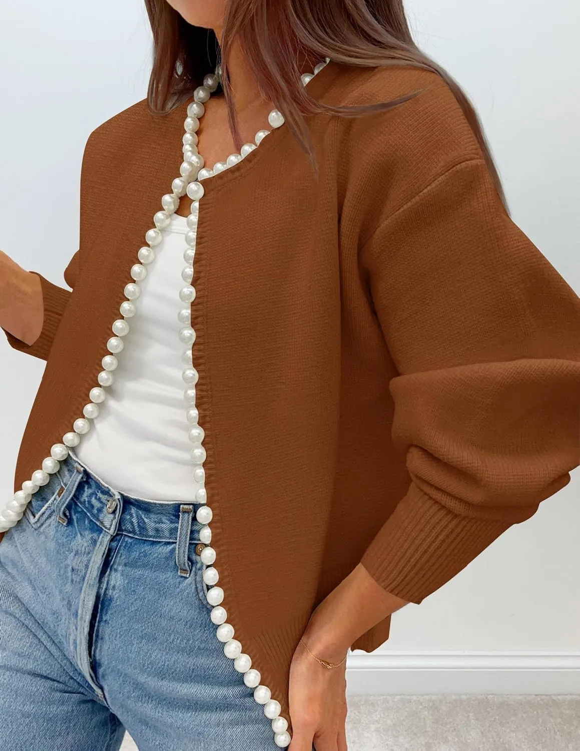 ZESICA Women's Open Front Cardigan Sweater Casual Knitted Long Sleeve Pearls Trim Outerwear Coat Trendy Clothes