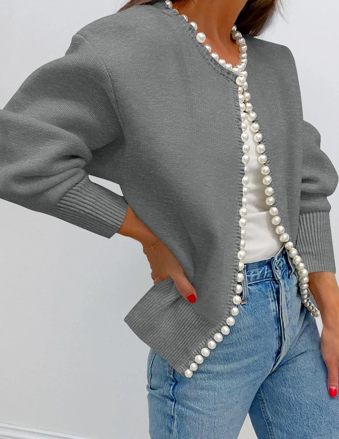 ZESICA Women's Open Front Cardigan Sweater Casual Knitted Long Sleeve Pearls Trim Outerwear Coat Trendy Clothes