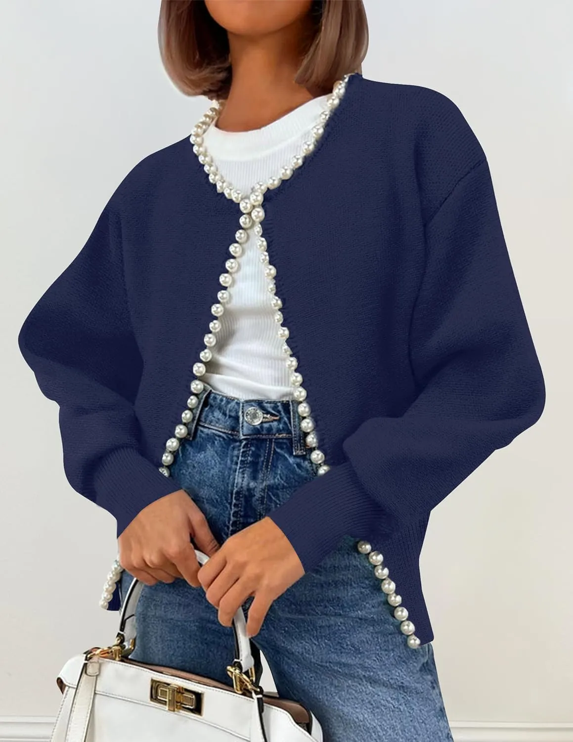 ZESICA Women's Open Front Cardigan Sweater Casual Knitted Long Sleeve Pearls Trim Outerwear Coat Trendy Clothes