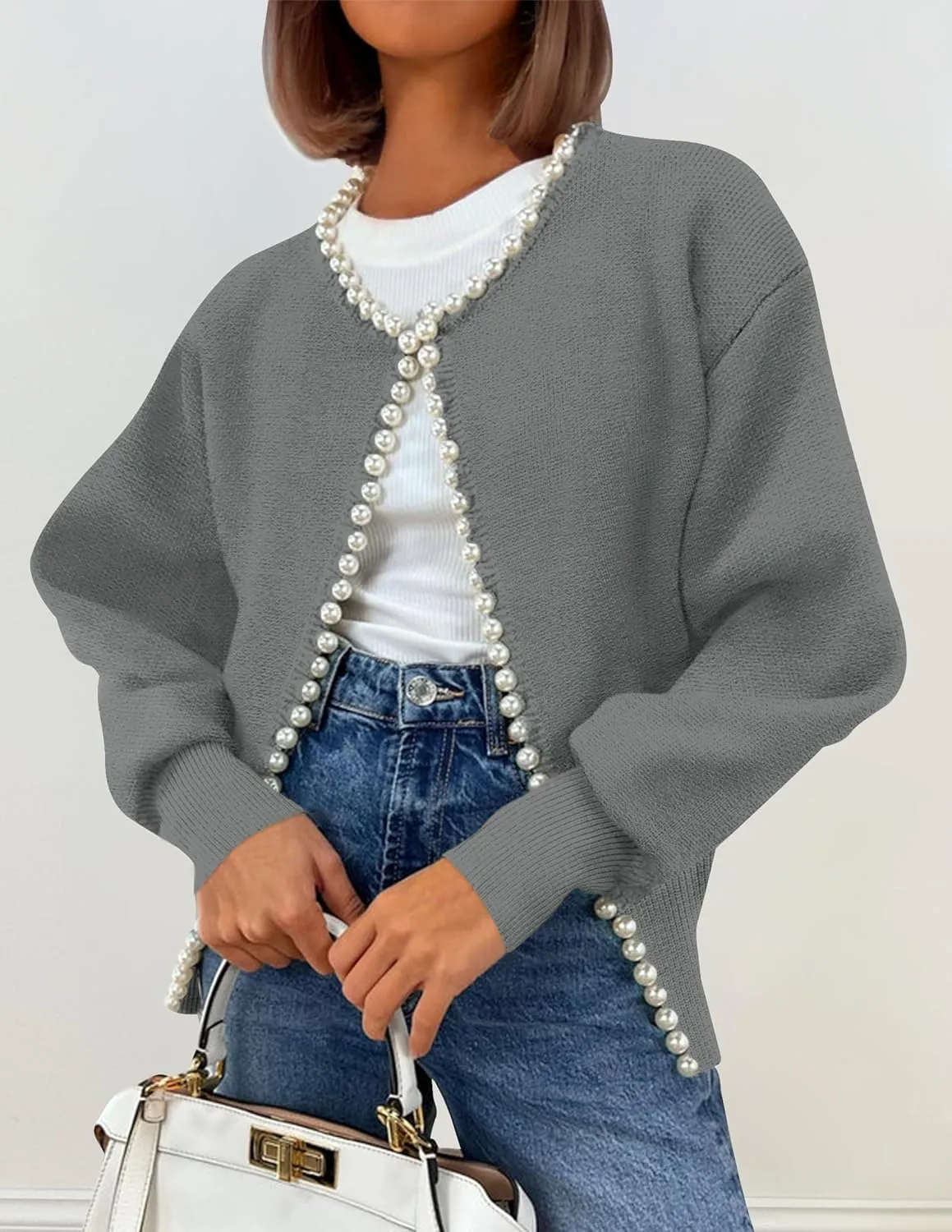ZESICA Women's Open Front Cardigan Sweater Casual Knitted Long Sleeve Pearls Trim Outerwear Coat Trendy Clothes