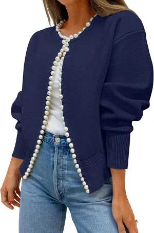 ZESICA Women's Open Front Cardigan Sweater Casual Knitted Long Sleeve Pearls Trim Outerwear Coat Trendy Clothes