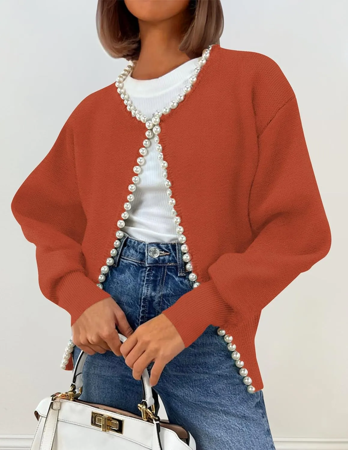 ZESICA Women's Open Front Cardigan Sweater Casual Knitted Long Sleeve Pearls Trim Outerwear Coat Trendy Clothes