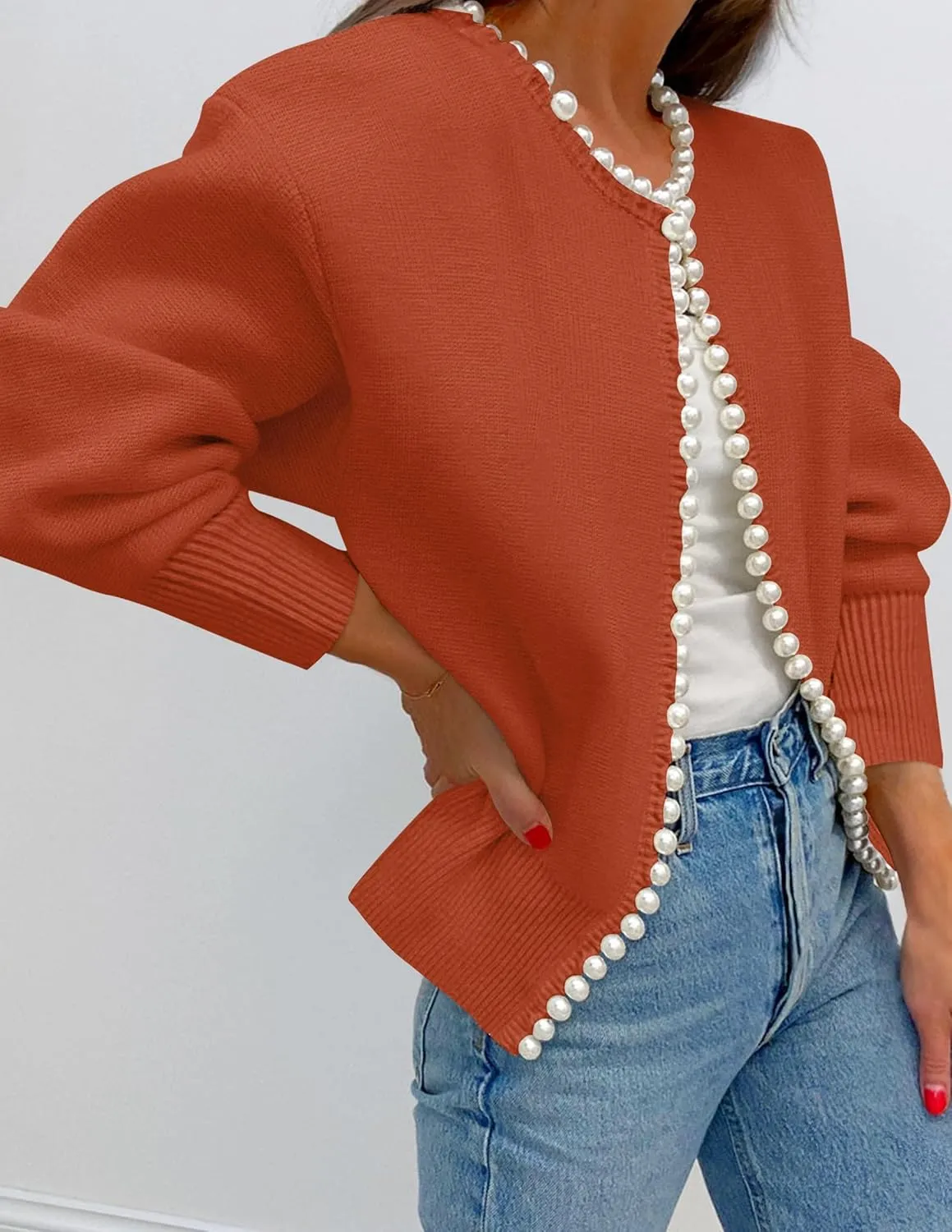 ZESICA Women's Open Front Cardigan Sweater Casual Knitted Long Sleeve Pearls Trim Outerwear Coat Trendy Clothes