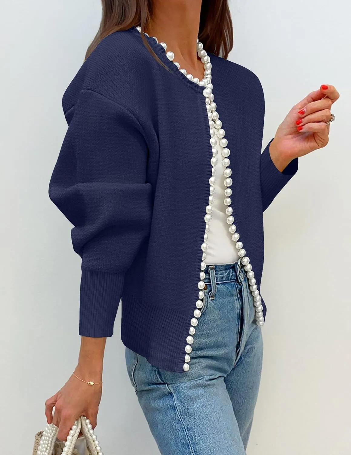 ZESICA Women's Open Front Cardigan Sweater Casual Knitted Long Sleeve Pearls Trim Outerwear Coat Trendy Clothes