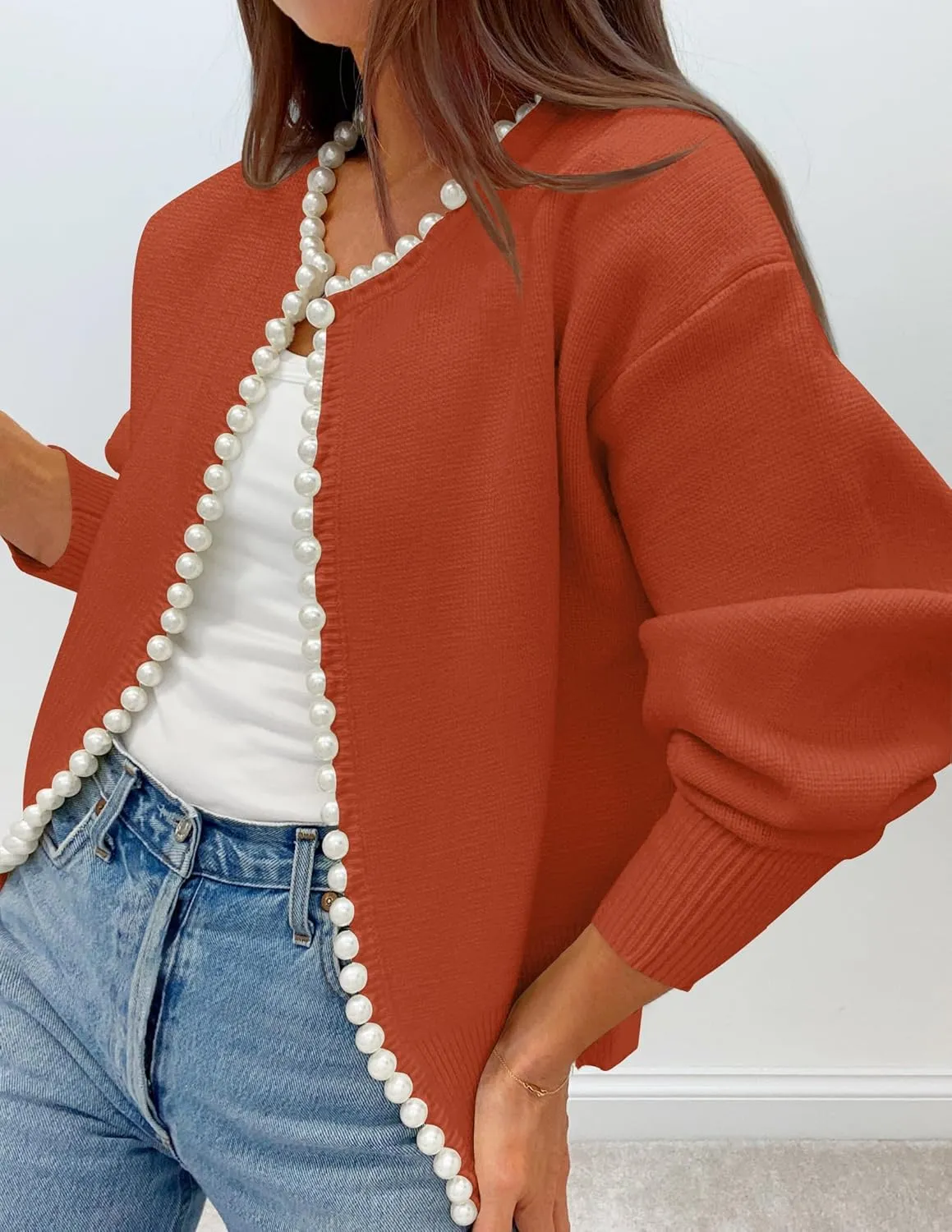 ZESICA Women's Open Front Cardigan Sweater Casual Knitted Long Sleeve Pearls Trim Outerwear Coat Trendy Clothes