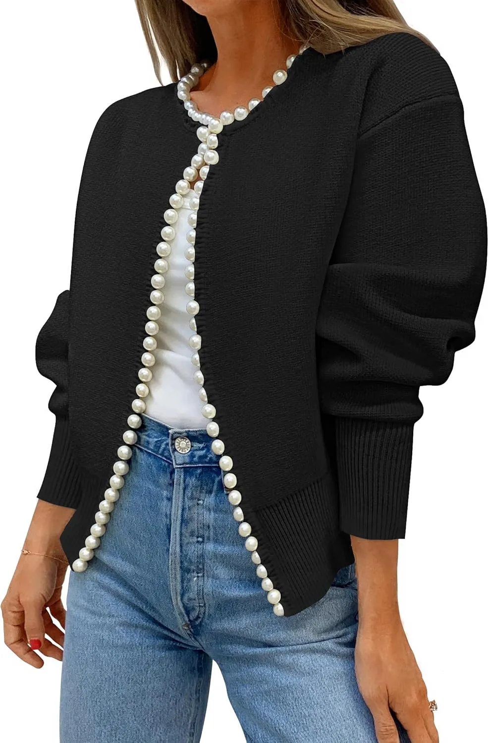 ZESICA Women's Open Front Cardigan Sweater Casual Knitted Long Sleeve Pearls Trim Outerwear Coat Trendy Clothes