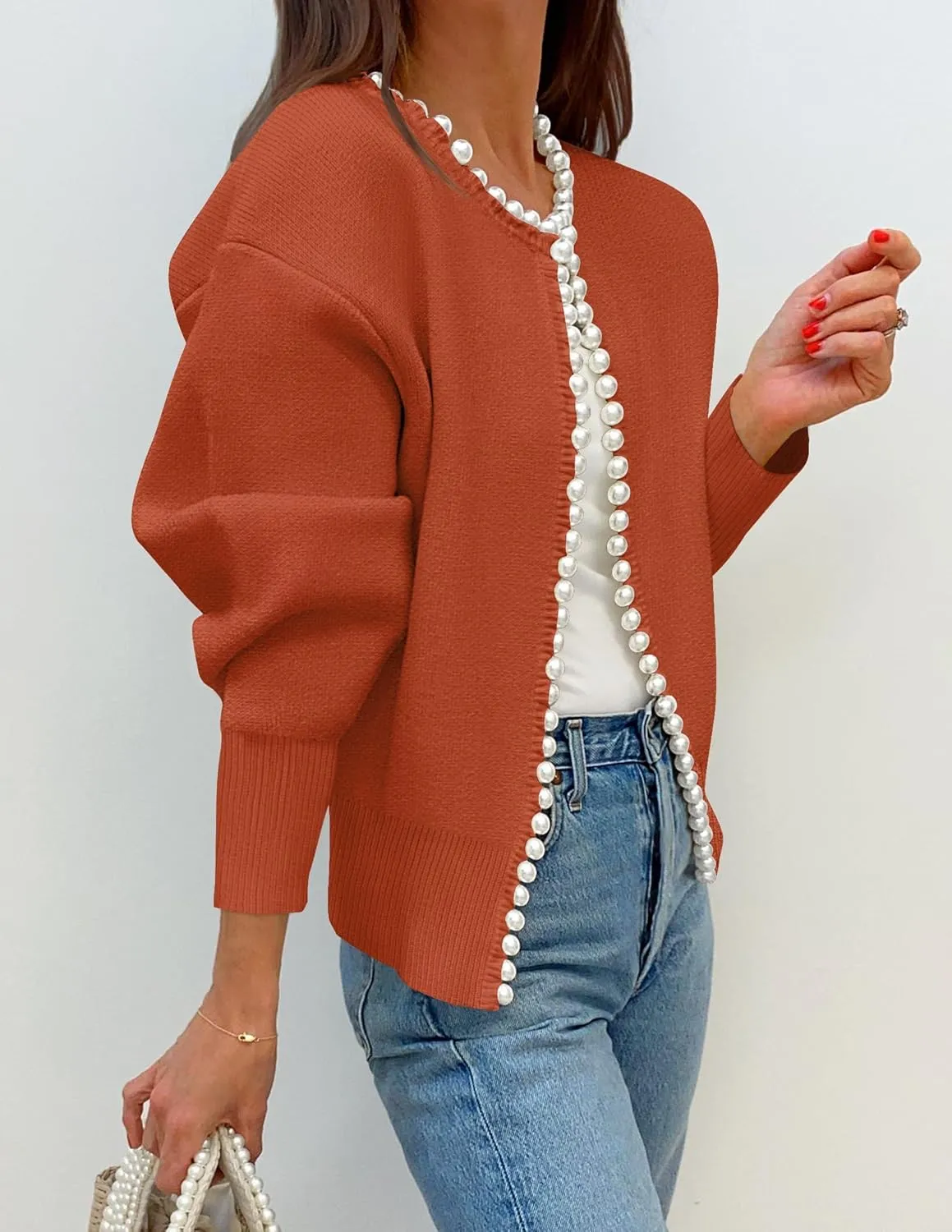 ZESICA Women's Open Front Cardigan Sweater Casual Knitted Long Sleeve Pearls Trim Outerwear Coat Trendy Clothes