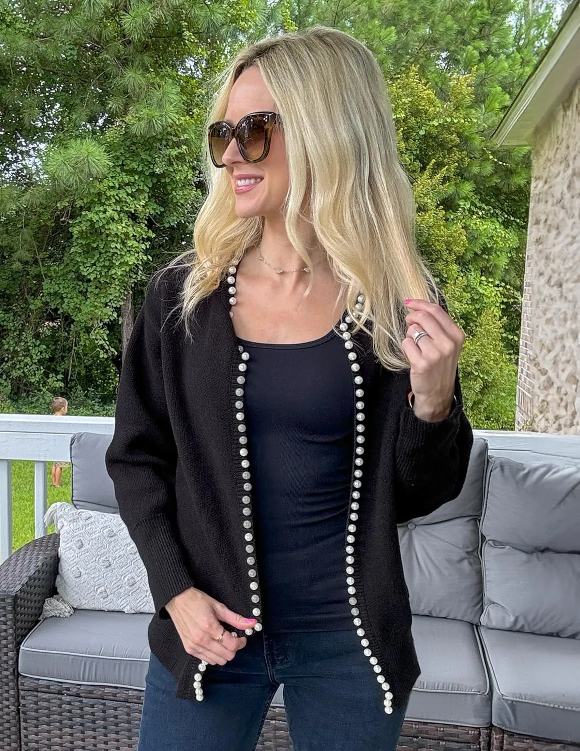 ZESICA Women's Open Front Cardigan Sweater Casual Knitted Long Sleeve Pearls Trim Outerwear Coat Trendy Clothes