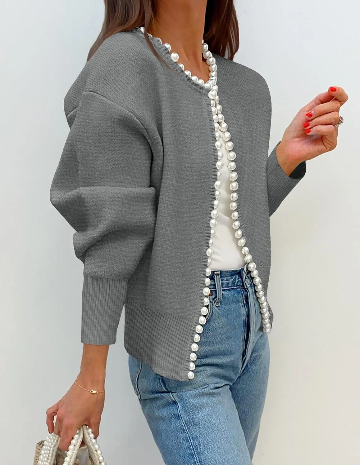 ZESICA Women's Open Front Cardigan Sweater Casual Knitted Long Sleeve Pearls Trim Outerwear Coat Trendy Clothes