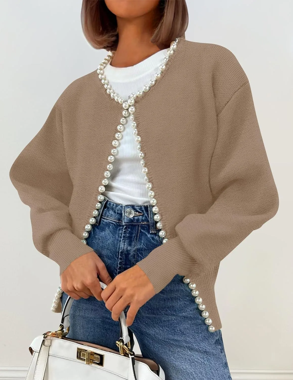 ZESICA Women's Open Front Cardigan Sweater Casual Knitted Long Sleeve Pearls Trim Outerwear Coat Trendy Clothes