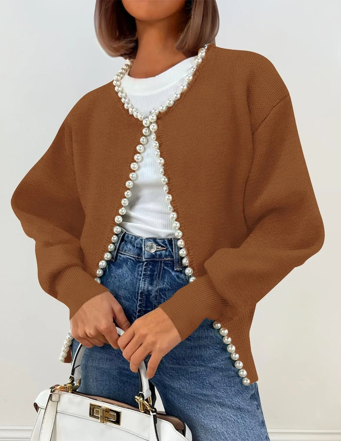ZESICA Women's Open Front Cardigan Sweater Casual Knitted Long Sleeve Pearls Trim Outerwear Coat Trendy Clothes