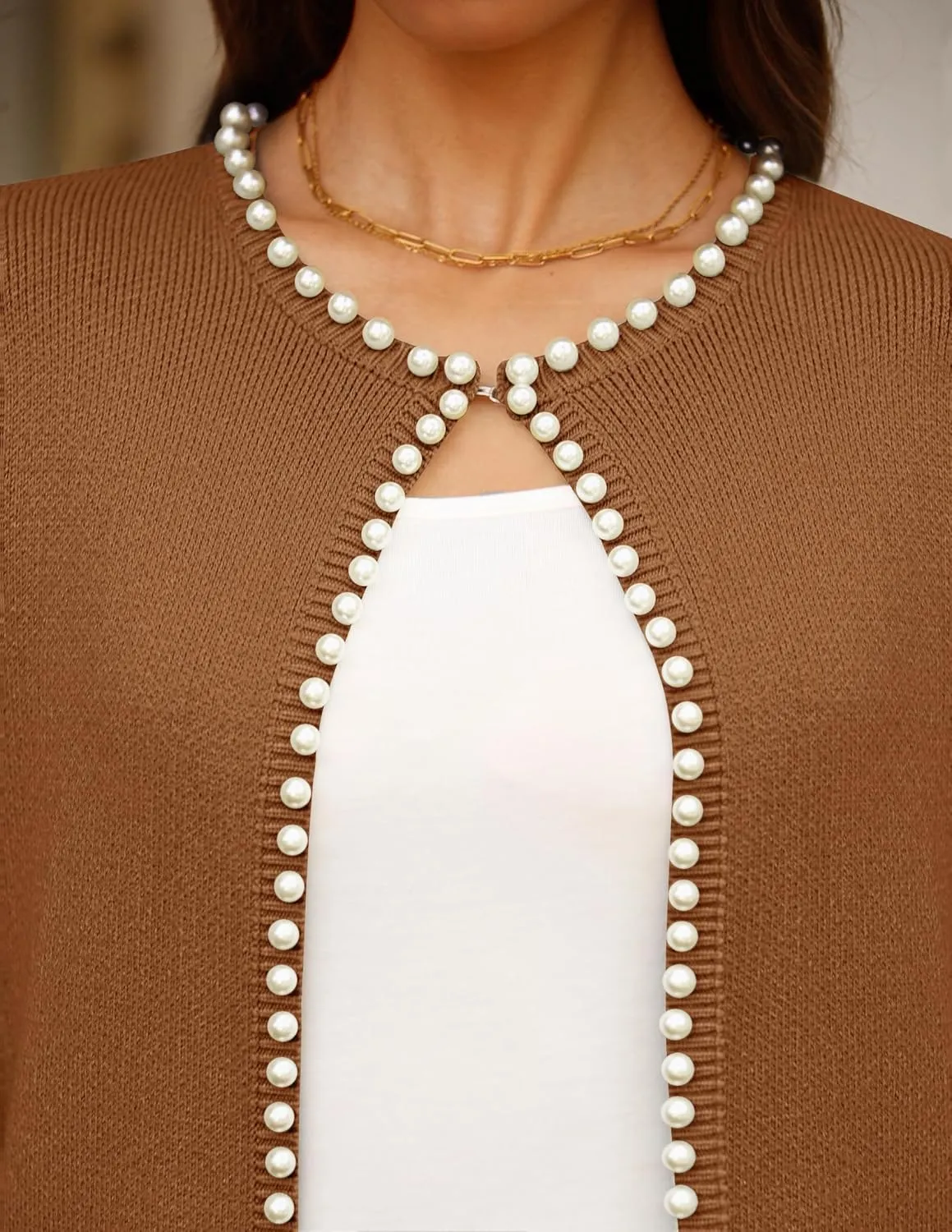 ZESICA Women's Open Front Cardigan Sweater Casual Knitted Long Sleeve Pearls Trim Outerwear Coat Trendy Clothes