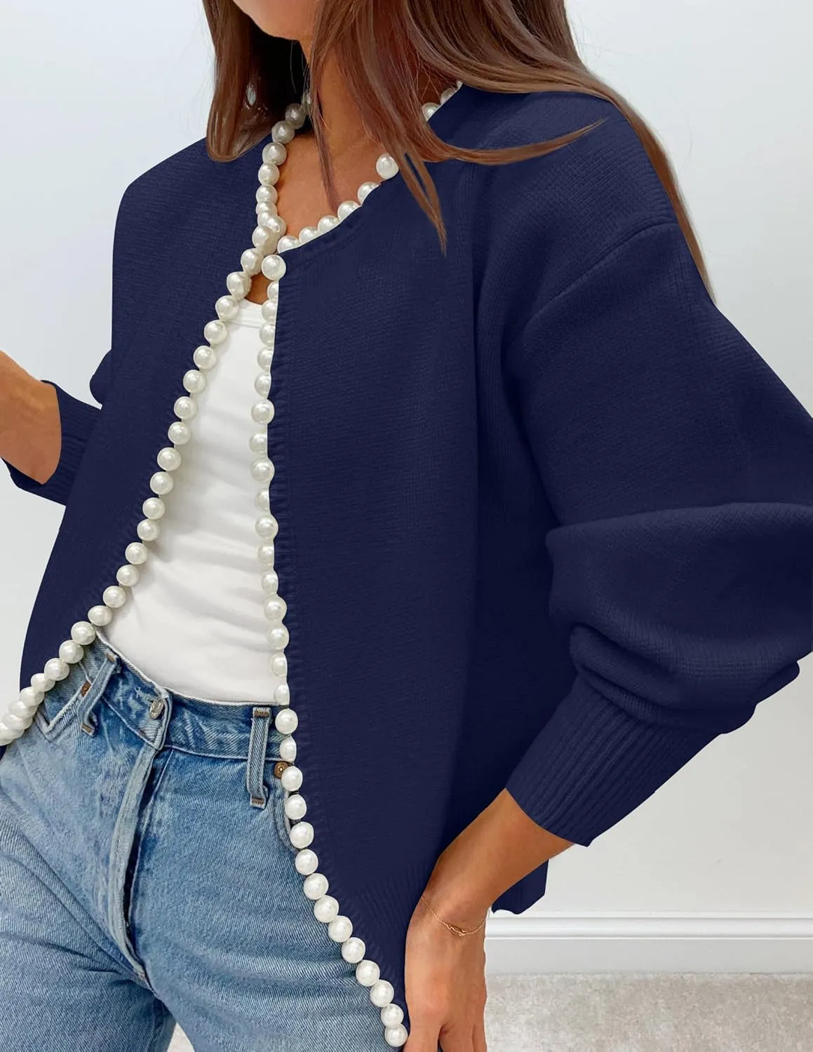 ZESICA Women's Open Front Cardigan Sweater Casual Knitted Long Sleeve Pearls Trim Outerwear Coat Trendy Clothes