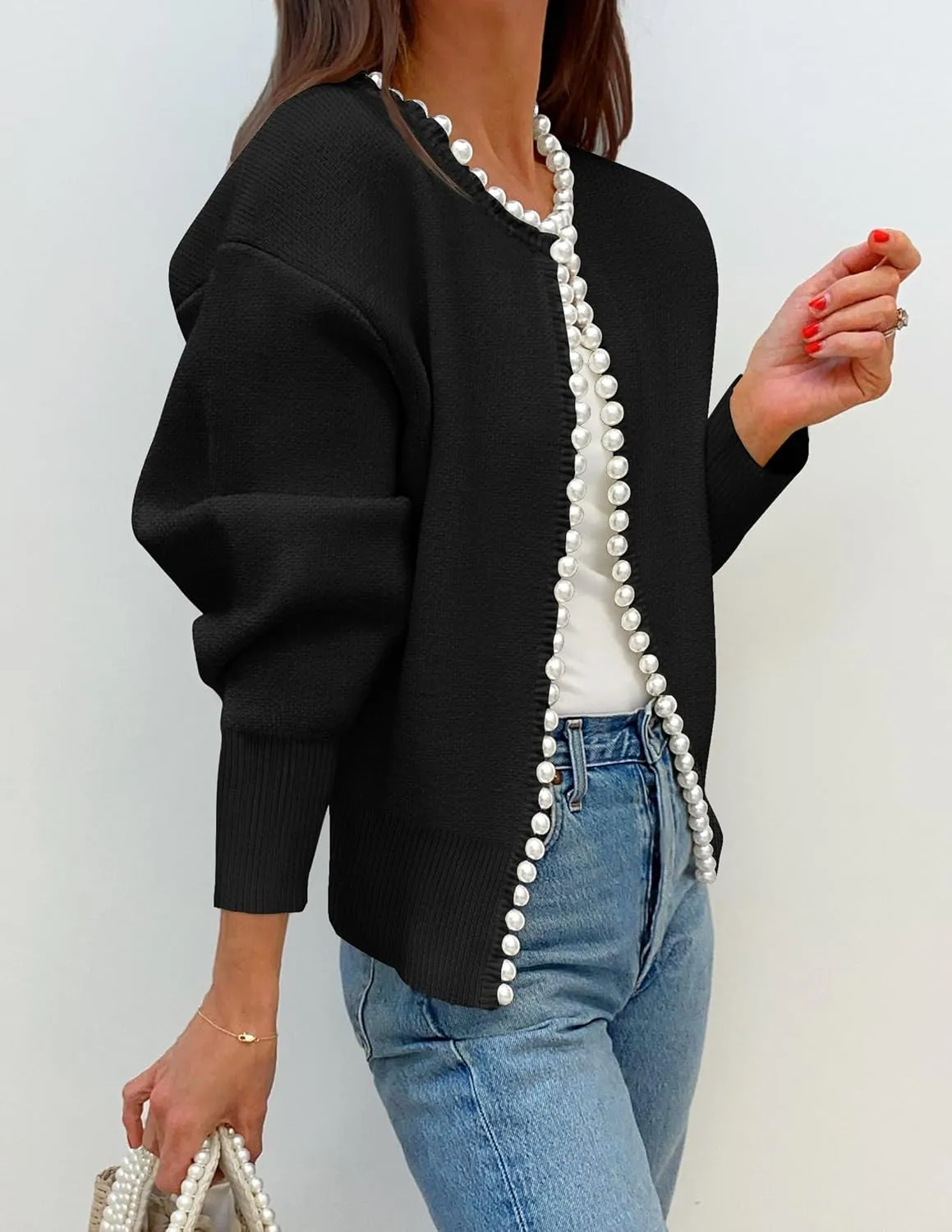 ZESICA Women's Open Front Cardigan Sweater Casual Knitted Long Sleeve Pearls Trim Outerwear Coat Trendy Clothes