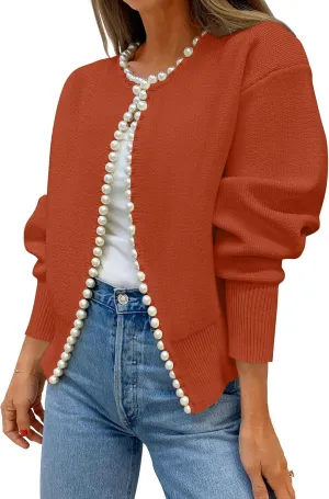 ZESICA Women's Open Front Cardigan Sweater Casual Knitted Long Sleeve Pearls Trim Outerwear Coat Trendy Clothes
