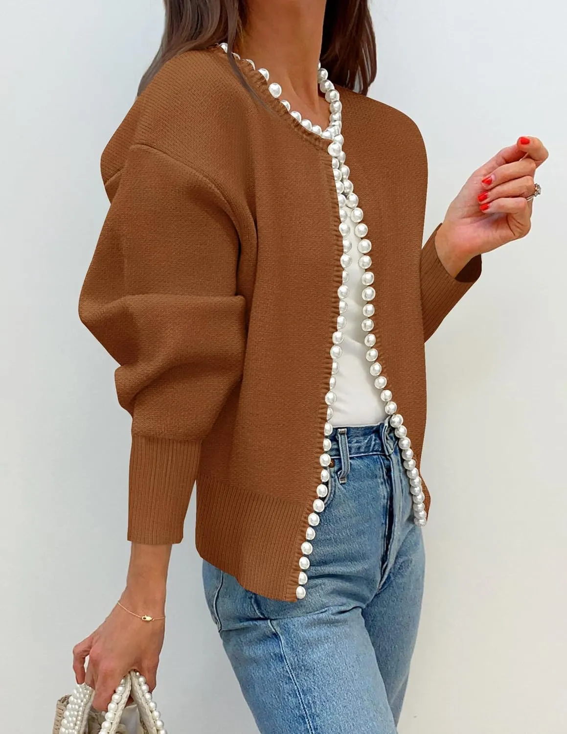 ZESICA Women's Open Front Cardigan Sweater Casual Knitted Long Sleeve Pearls Trim Outerwear Coat Trendy Clothes