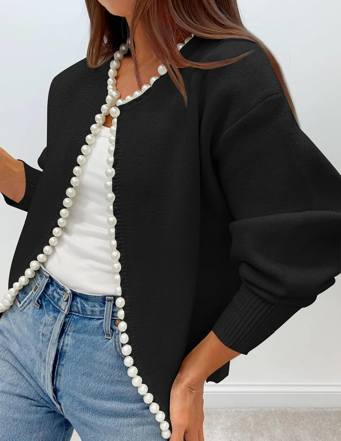 ZESICA Women's Open Front Cardigan Sweater Casual Knitted Long Sleeve Pearls Trim Outerwear Coat Trendy Clothes