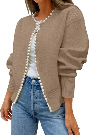 ZESICA Women's Open Front Cardigan Sweater Casual Knitted Long Sleeve Pearls Trim Outerwear Coat Trendy Clothes