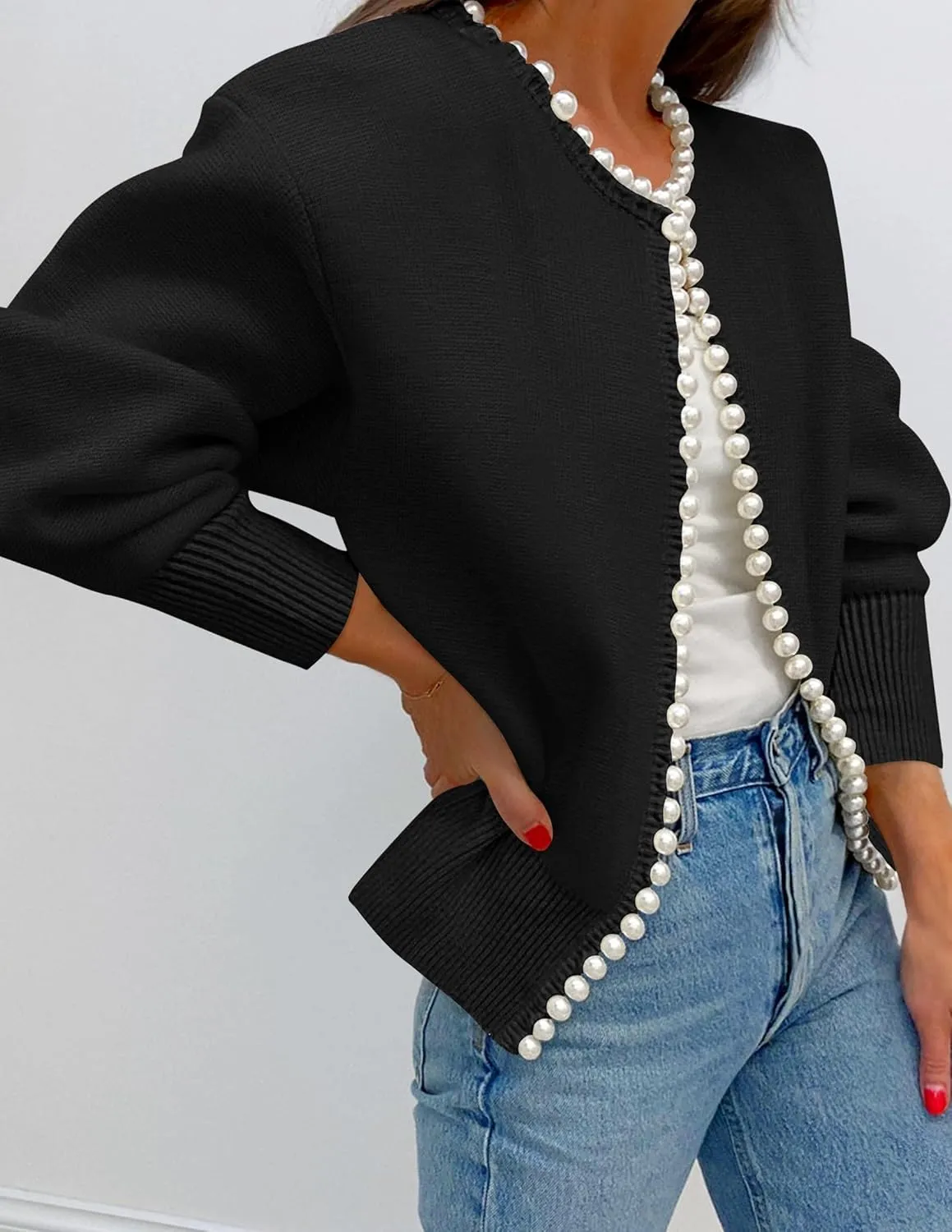 ZESICA Women's Open Front Cardigan Sweater Casual Knitted Long Sleeve Pearls Trim Outerwear Coat Trendy Clothes