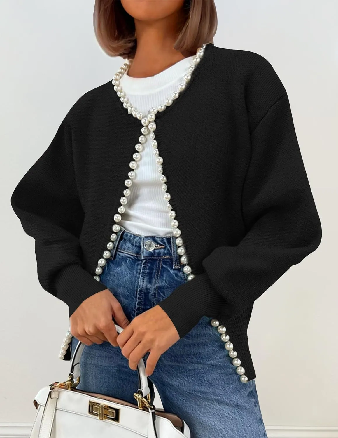 ZESICA Women's Open Front Cardigan Sweater Casual Knitted Long Sleeve Pearls Trim Outerwear Coat Trendy Clothes